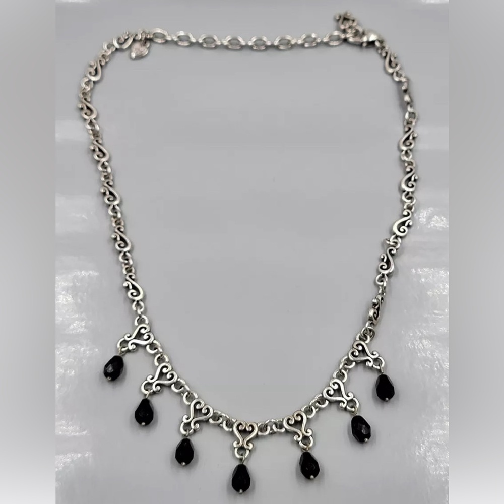 Brighton Vivaldi Silver Black Necklace Open Work Link Dangle Bib 16"